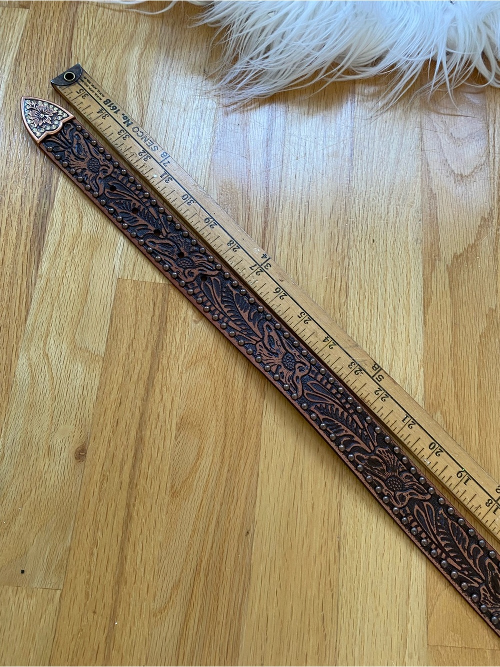 Copper-Tone Tooled Western Belt with Rhinestone Buckle - Women - Picture 5 of 6